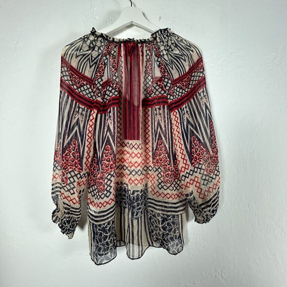 Lucky Brand Womens Boho Print Gauze Split Neck Ruffle Trim Blouse Top XS NWOT - Picture 2 of 8